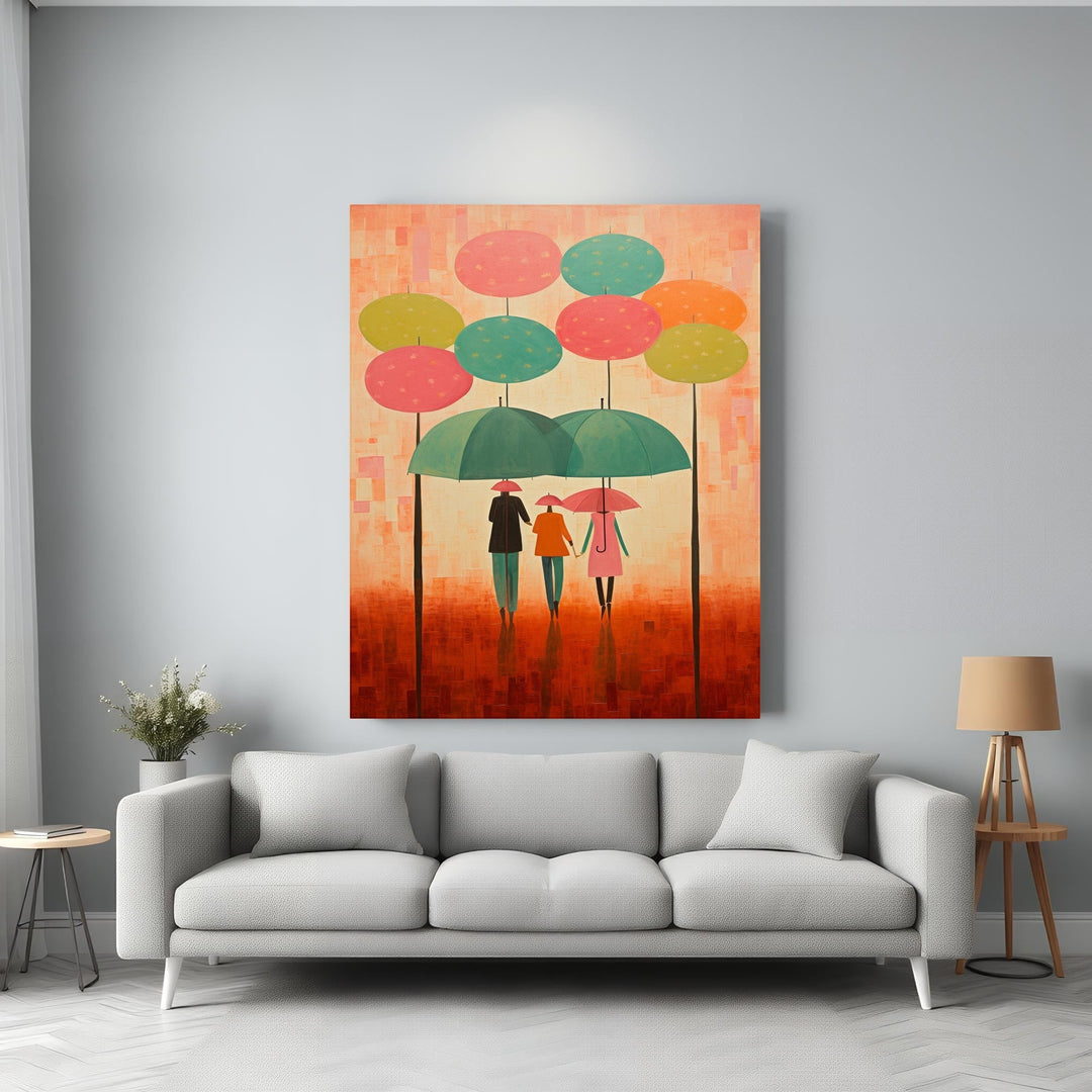 Wadi Home abstract wall art of a family under umbrellas in warm colors, with vibrant pink, teal, and orange umbrellas.