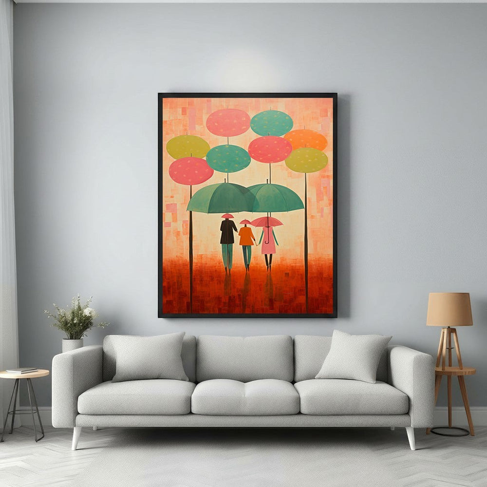 Wadi Home abstract wall art of a family under umbrellas, featuring vibrant colors and a heartwarming scene.