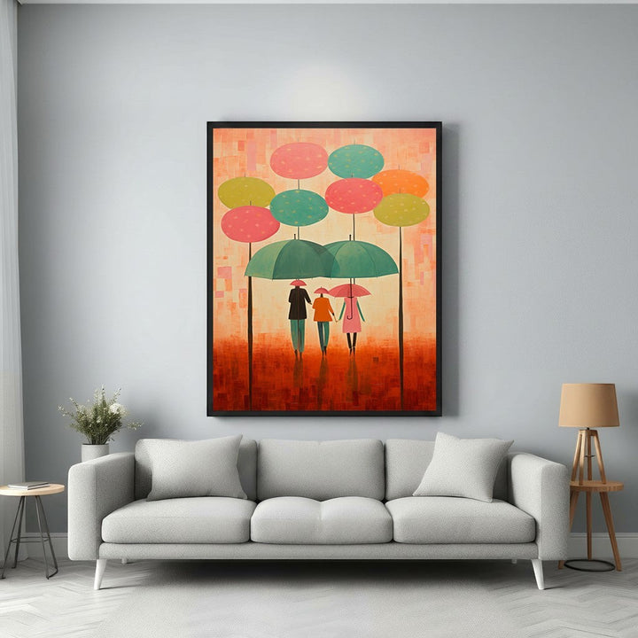 Wadi Home abstract wall art of a family under umbrellas, featuring vibrant colors and a heartwarming scene.
