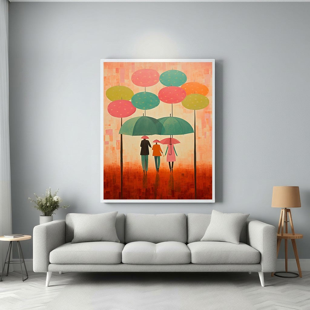 Wadi Home abstract wall art of a family under umbrellas with a warm color palette and playful design.