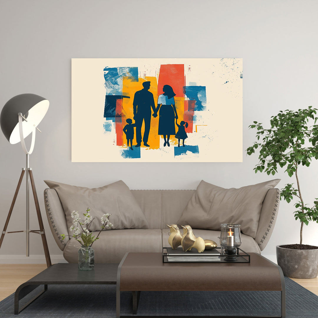 Wadi Home abstract family silhouette wall art with bold blue, orange, and yellow brush strokes. Family of four holding hands.