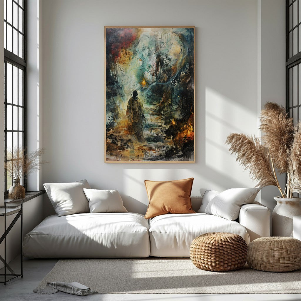 Wadi Home abstract figurative landscape wall art with a solitary figure in a dreamlike, textured environment. Rich colors and dynamic forms.