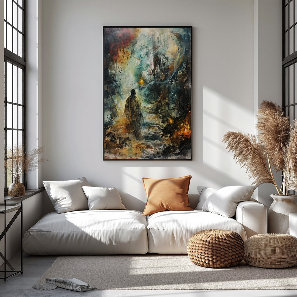 Wadi Home abstract figurative landscape wall art with solitary figure in textured, dreamlike environment, rich colors.