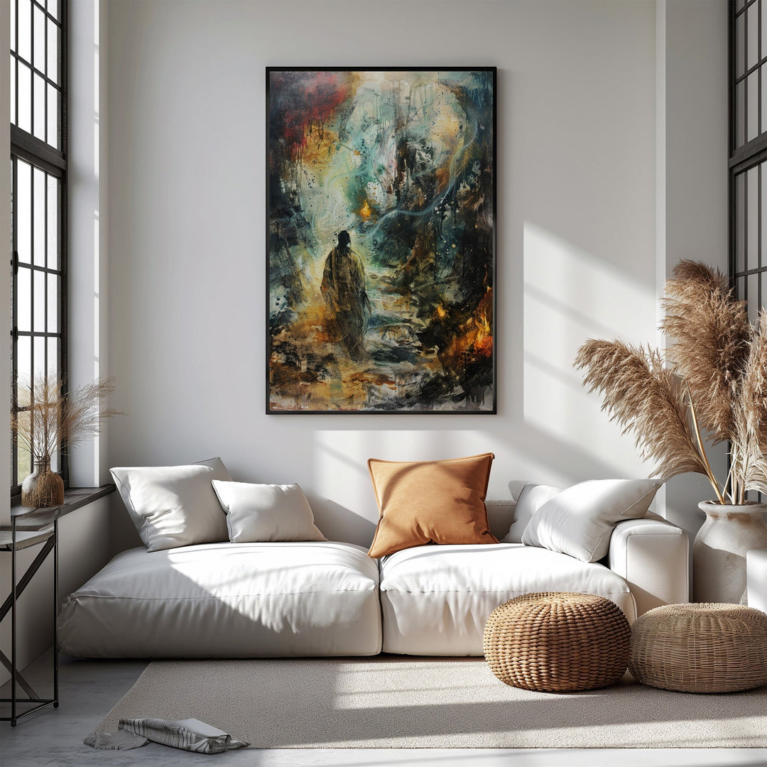 Wadi Home abstract figurative landscape wall art with solitary figure in textured, dreamlike environment, rich colors.