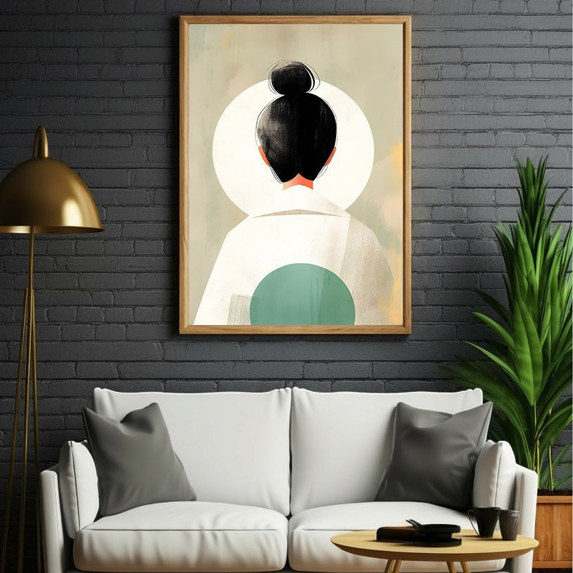 Wadi Home abstract wall art print of a figure with a black bun and white clothing, muted colors, minimalist design.
