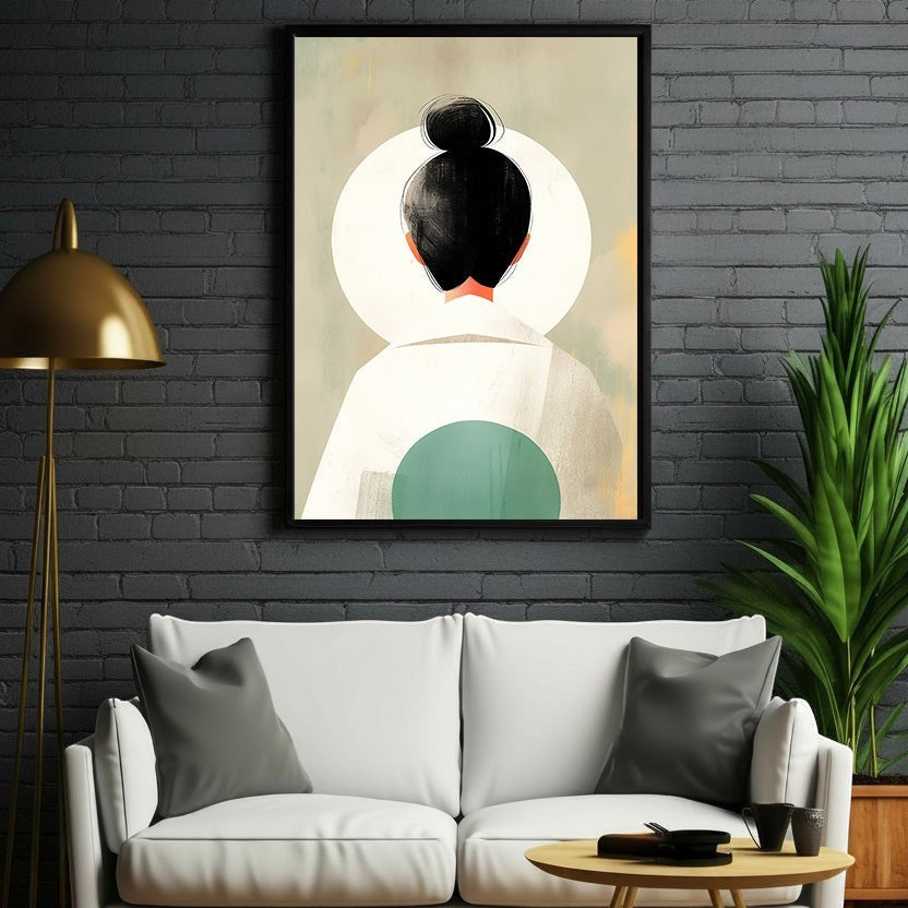 Wadi Home abstract wall art of a figure with a black bun hairstyle, wearing white and green, against a muted background.