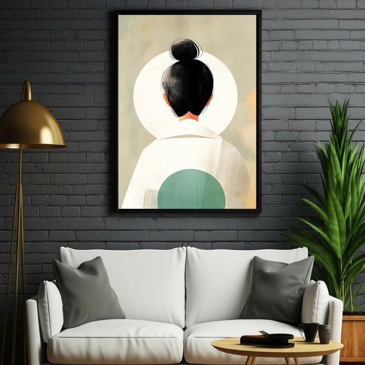 Wadi Home abstract wall art of a figure with a black bun hairstyle, wearing white and green, against a muted background.