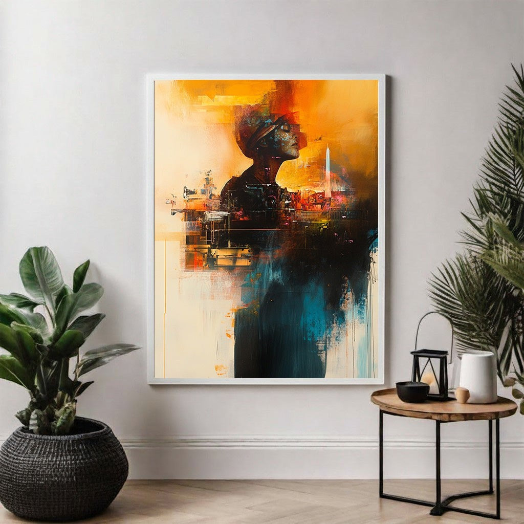Wadi Home abstract wall art featuring a figure silhouette blended with cityscape elements in warm oranges, deep blues, and earthy tones.