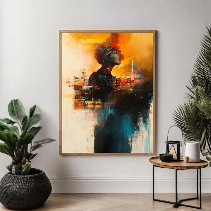 Wadi Home abstract artwork featuring a silhouette of a figure blended with cityscape elements in warm oranges, deep blues, and earthy tones.