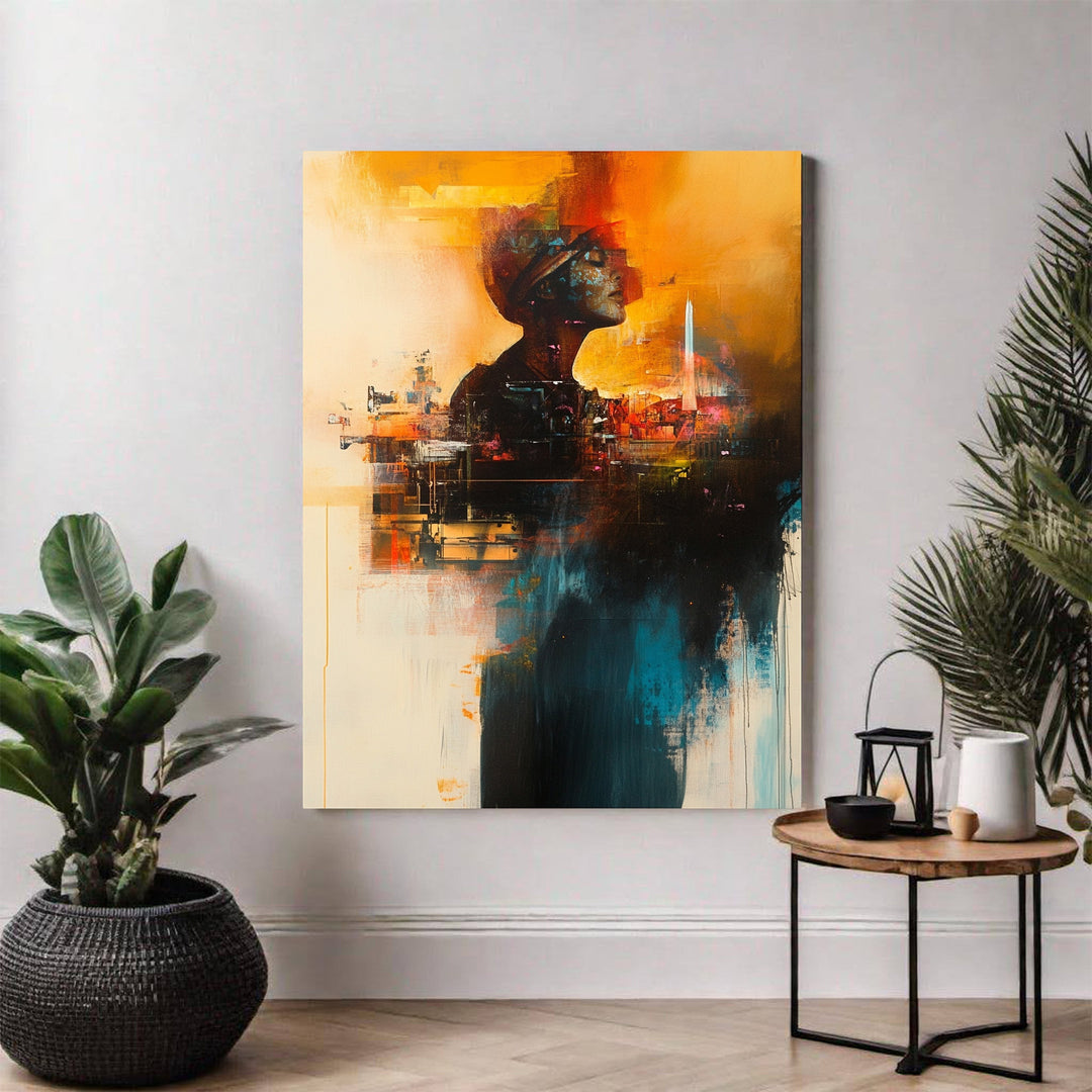 Wadi Home abstract wall art featuring a figure silhouette with cityscape elements in warm oranges, blues, and earthy tones.