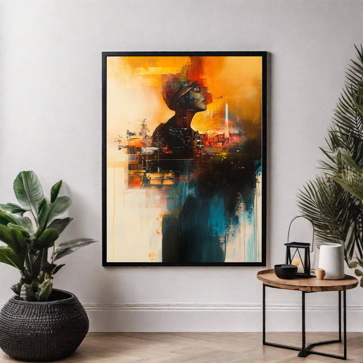 Wadi Home abstract artwork featuring a figure silhouette with cityscape elements in orange, blue, and earth tones.