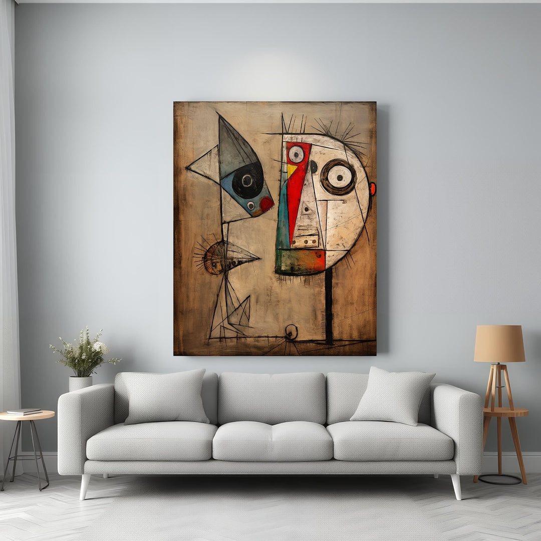 Wadi Home abstract wall art featuring two figures in earthy tones with bold lines and geometric shapes. Modern canvas art.