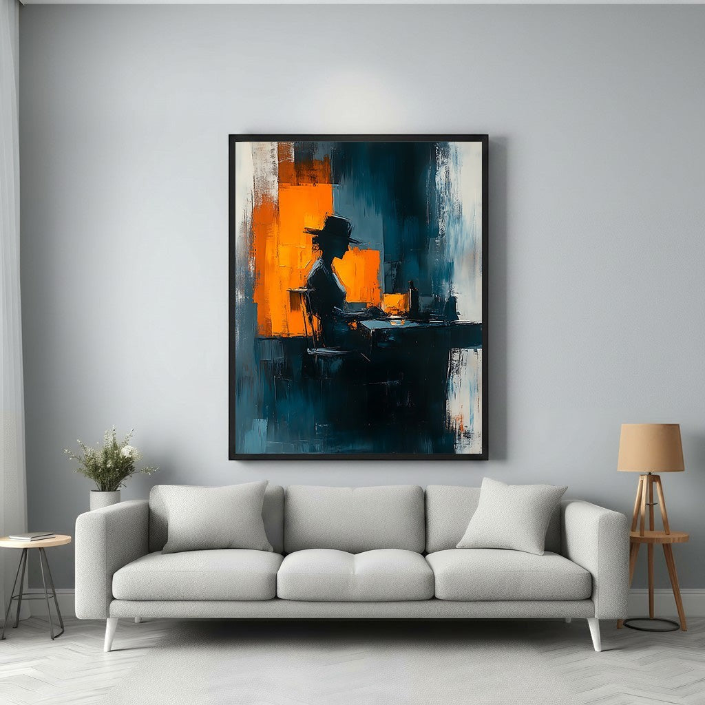 Wadi Home abstract wall art of a silhouetted figure at a desk, with bold strokes of deep blue, orange, and white.