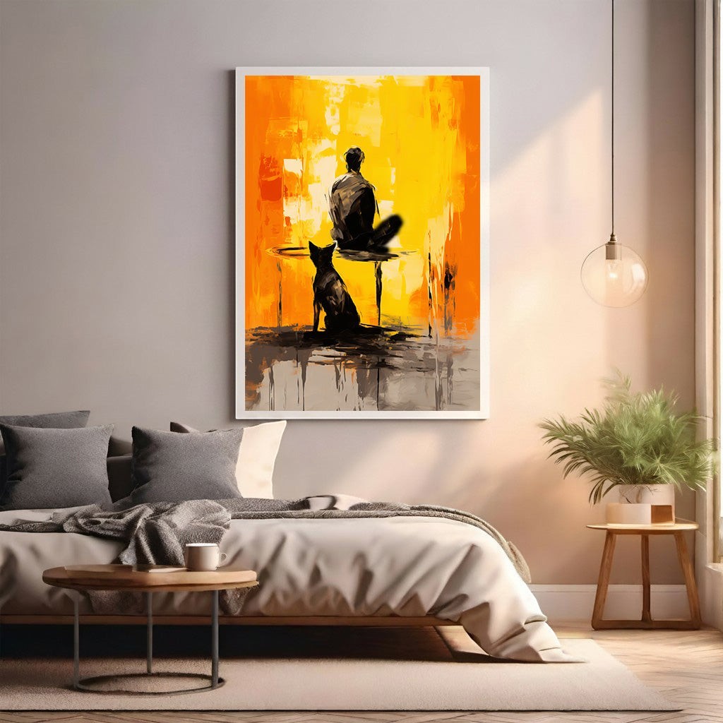 Wadi Home abstract wall art with orange and yellow textured background, featuring minimalist silhouettes of a person and dog.