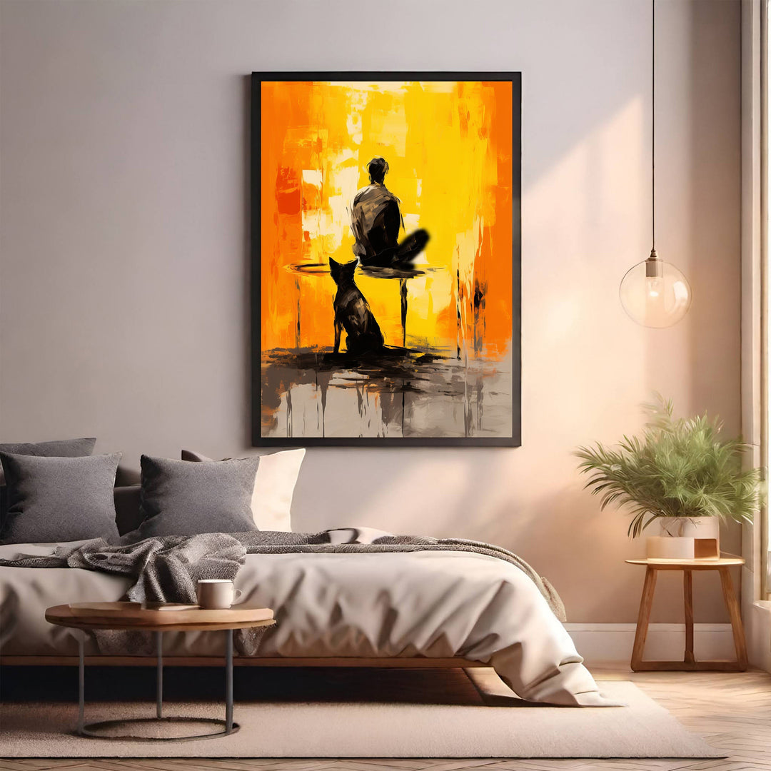 Wadi Home abstract wall art with figure and dog silhouettes against vibrant orange and yellow textured background.