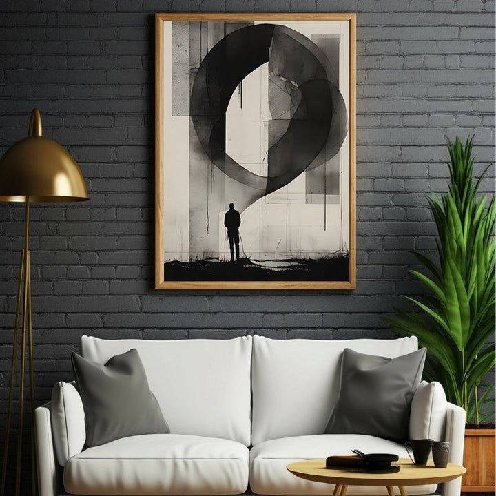 Wadi Home abstract wall art with a silhouetted figure in a monochromatic landscape. Framed.