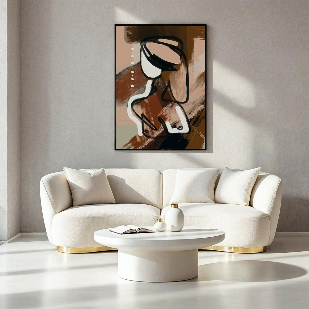 Wadi Home abstract line art canvas print featuring a figure in brown, cream, and black tones.