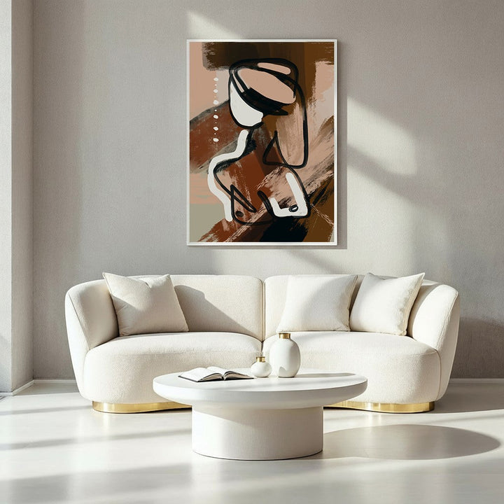 Wadi Home abstract line art canvas print featuring a figure in browns, creams, and black. Modern wall art.