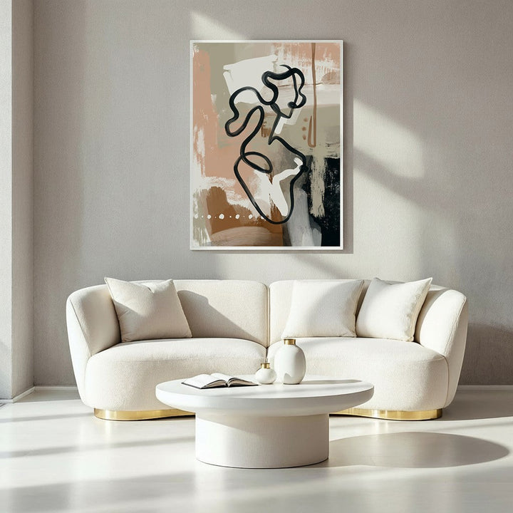 Wadi Home abstract line art canvas print featuring a figure in beige, brown, and black earthy tones.