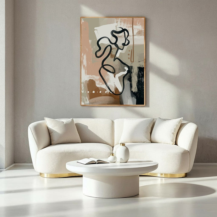 Wadi Home abstract figure line art canvas print with beige, brown, and black textured background.