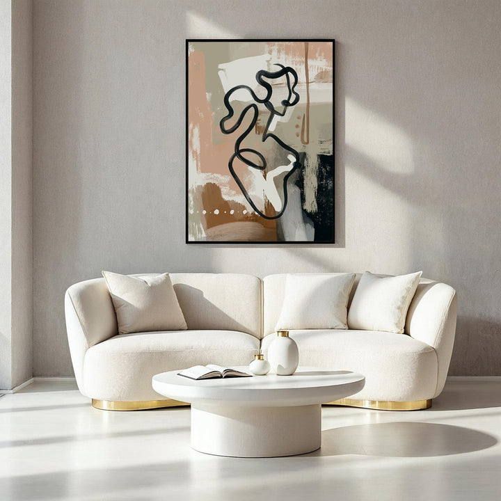 Wadi Home abstract line art canvas print featuring a nude figure in earthy tones of beige, brown, and black.
