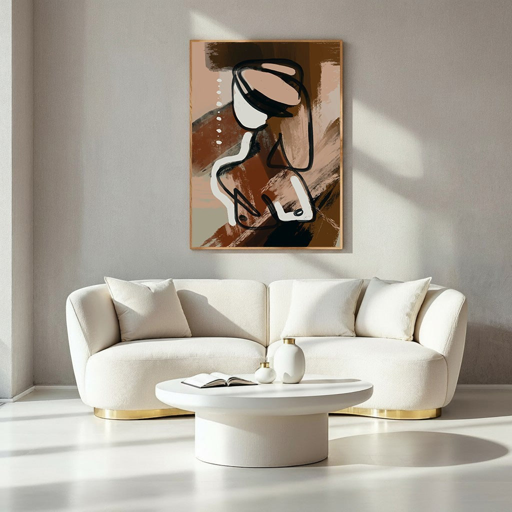 Wadi Home abstract line art canvas print featuring a figure in earthy browns, creams, and black.