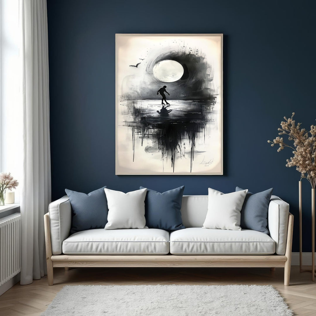 Wadi Home abstract artwork featuring a silhouetted figure under a large moon in monochrome tones of black, white, and grey.