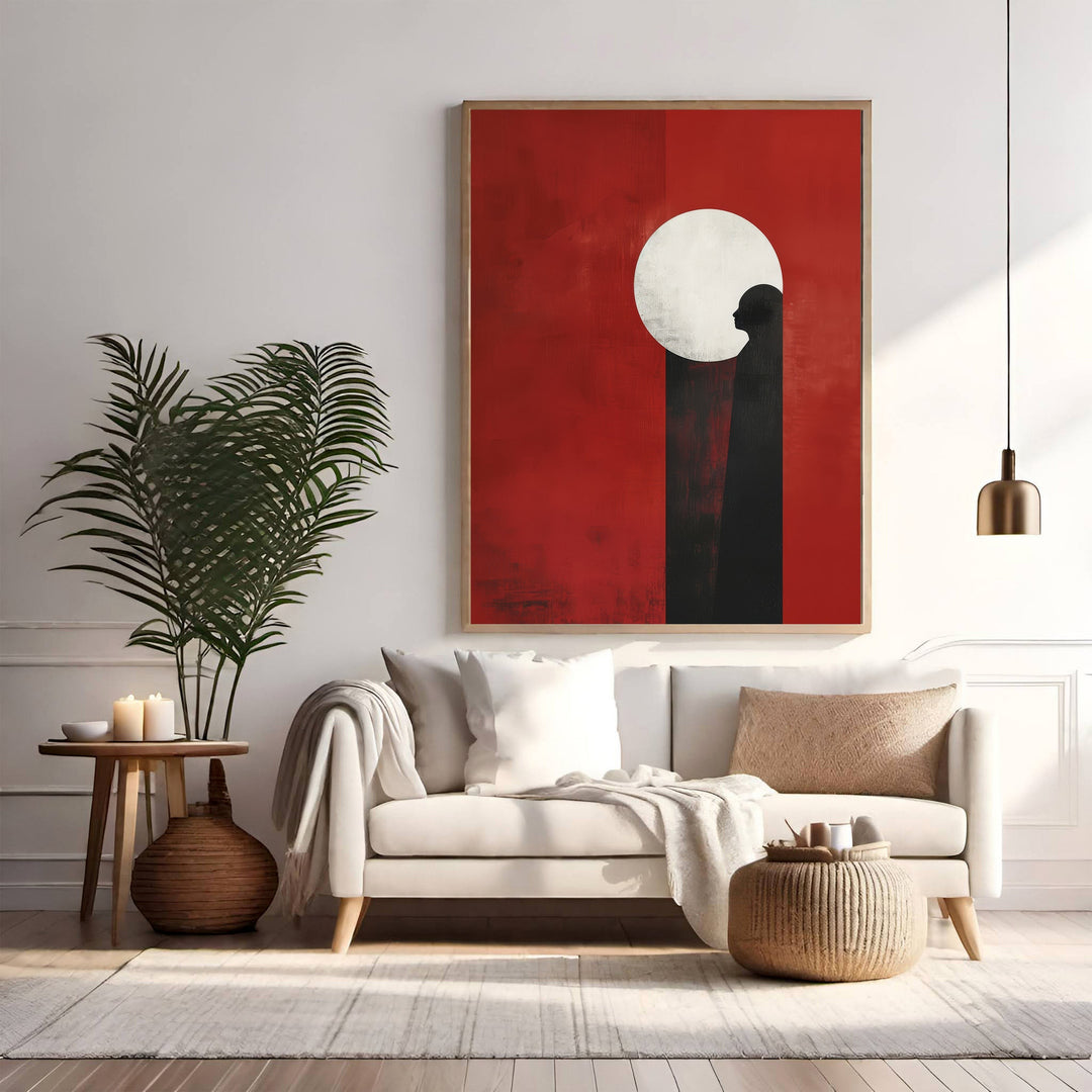 Wadi Home abstract wall art with red background, black silhouette figure, and white moon. Modern minimalist canvas print.
