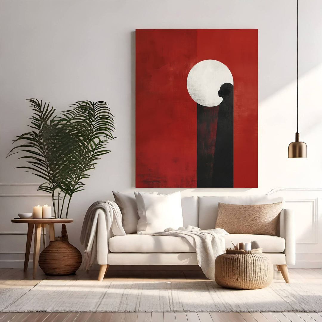 Wadi Home abstract wall art with red background, black silhouette, and white moon. Modern minimalist design.