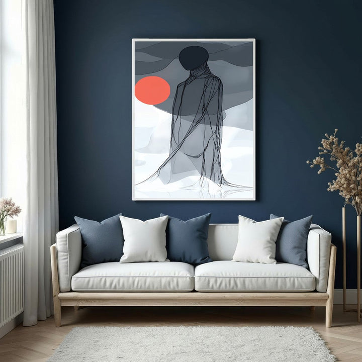 Wadi Home abstract wall art featuring a minimalist figure against a muted background with a vibrant orange sun.