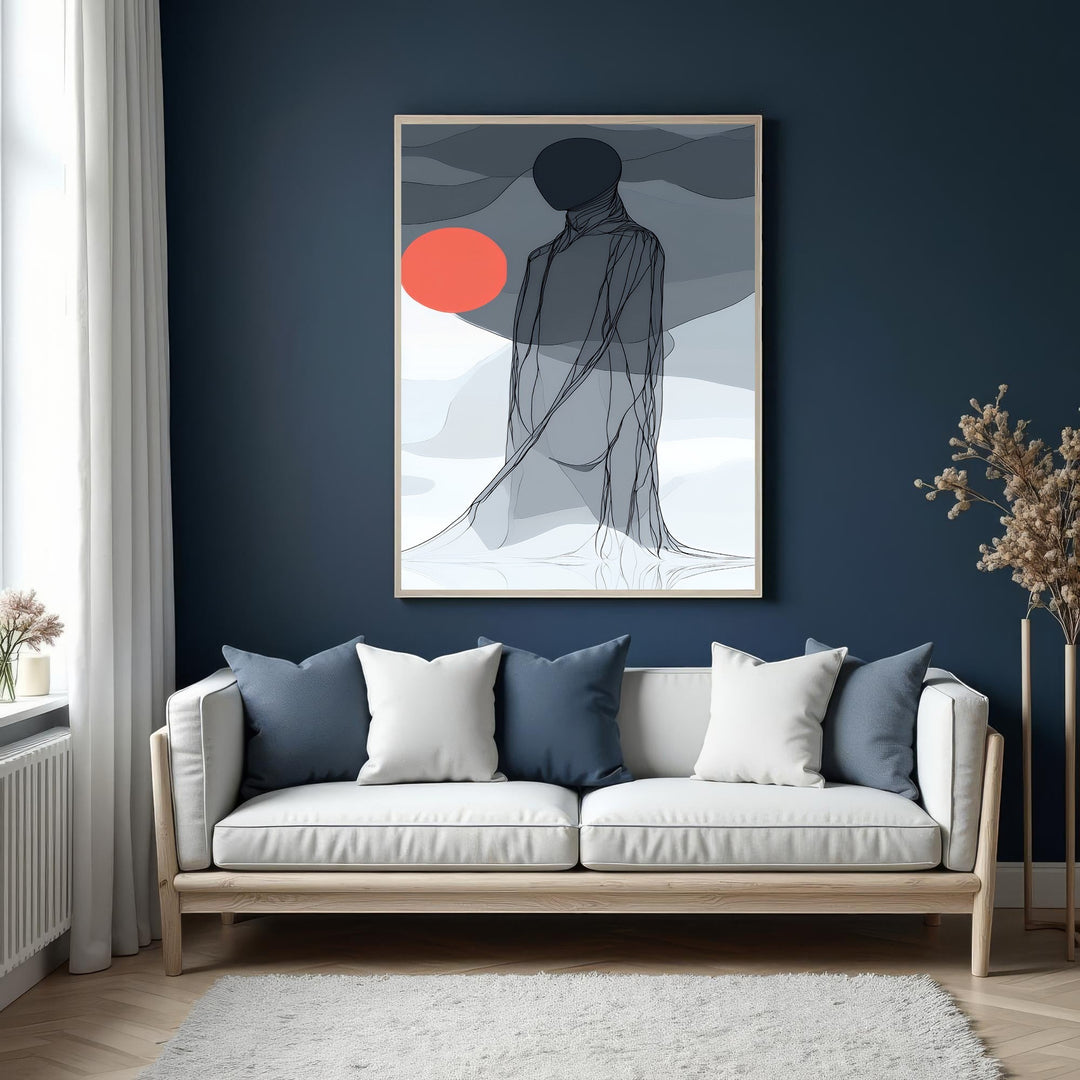 Wadi Home abstract wall art featuring a figure against an orange sun and muted tones. Modern minimalist design.