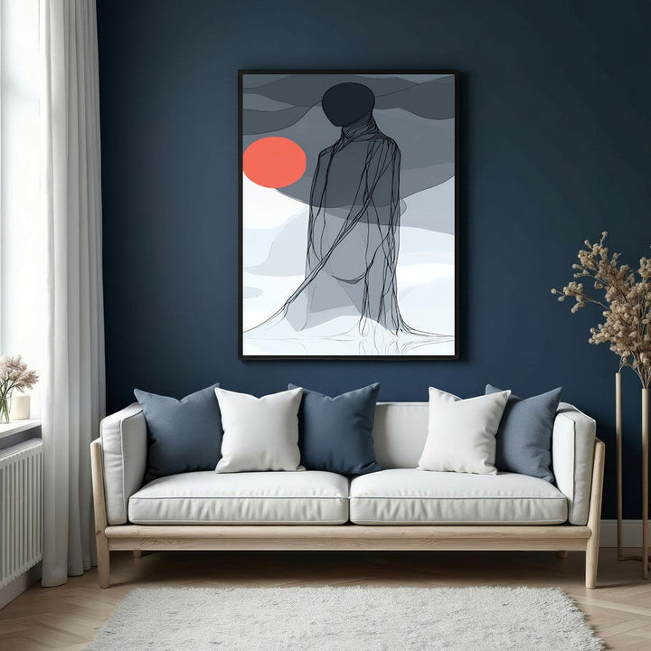 Wadi Home abstract wall art featuring a figure against an orange sun and muted grey background.