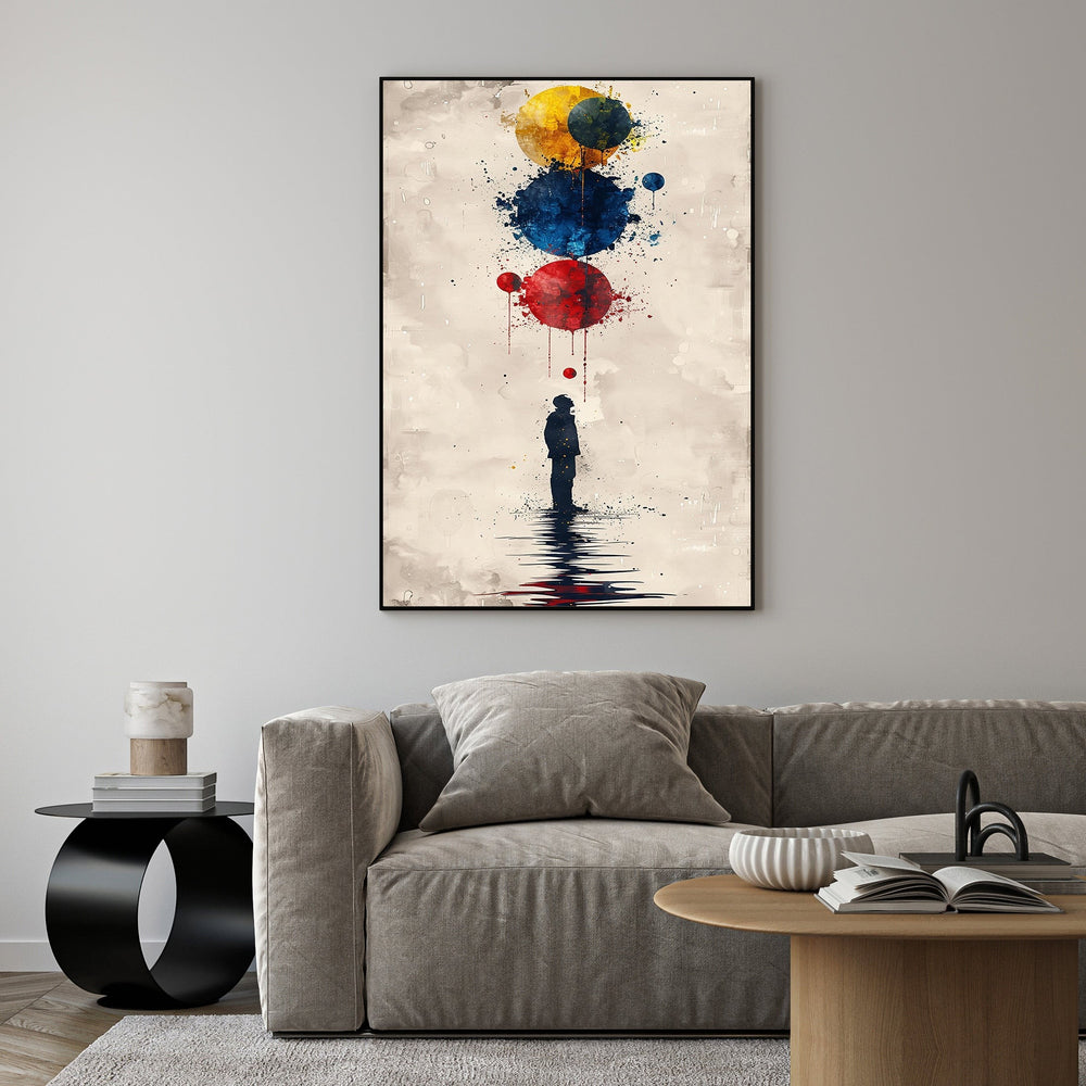 Wadi Home abstract watercolor art of a silhouette gazing at colorful floating orbs in red, blue, and yellow.