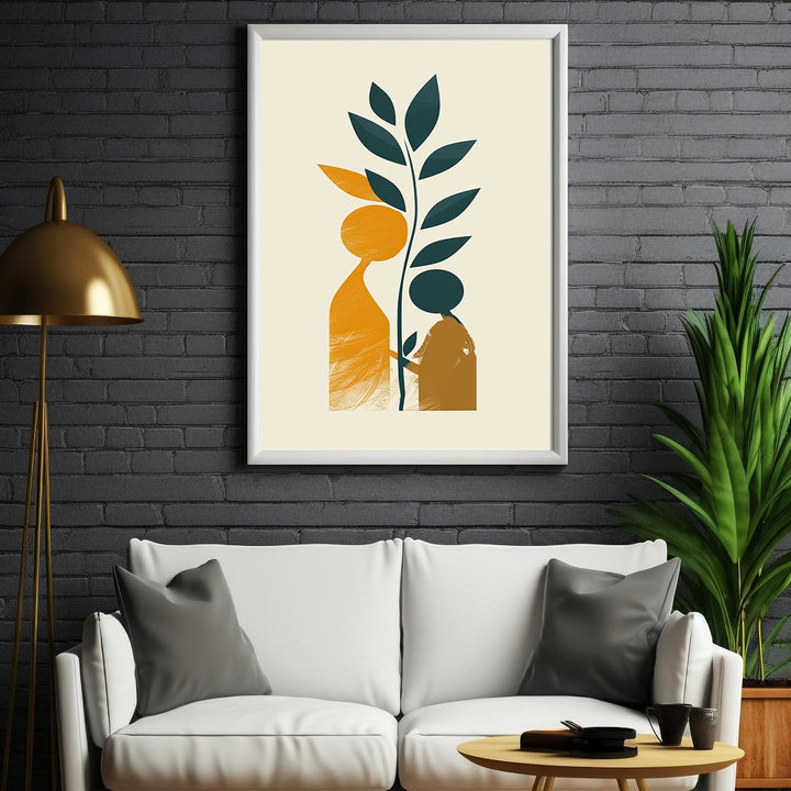 Wadi Home abstract wall art with ochre figures and teal plant on cream background, modern minimalist design.