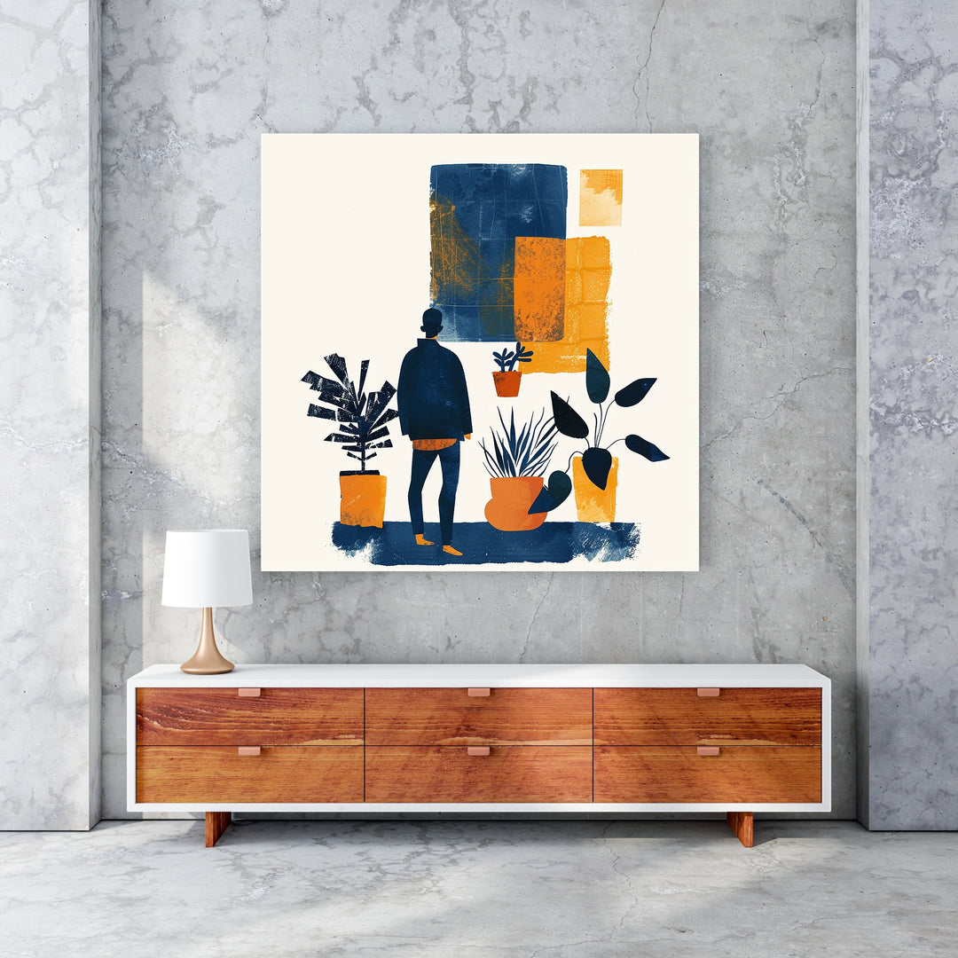 Wadi Home abstract wall art with figure and plants in blue, orange, and cream. Modern minimalist style.