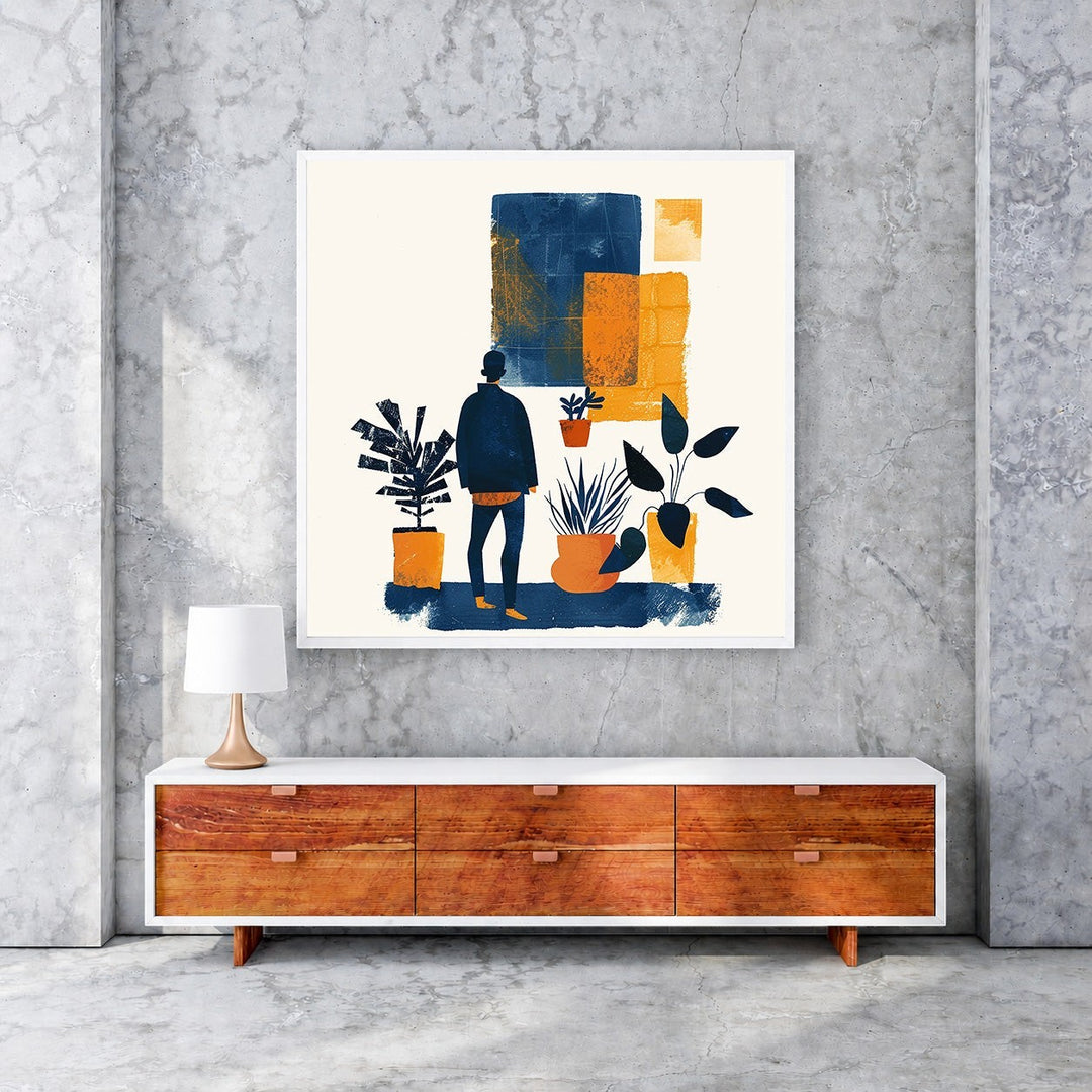 Wadi Home abstract wall art of a figure with plants in blue and orange hues, minimalist style.
