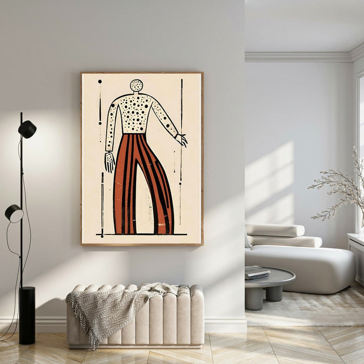 Wadi Home abstract wall art featuring a figure with dotted torso and striped pants in earthy tones. Modern minimalist design.