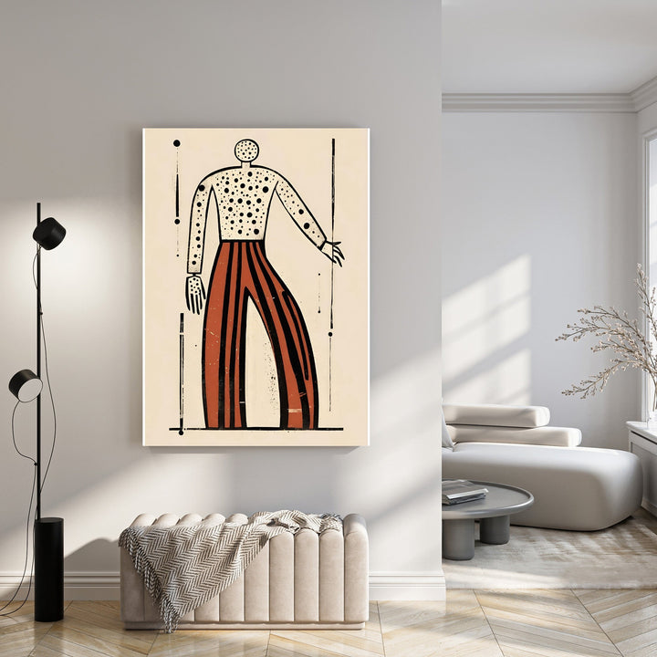 Wadi Home abstract figure wall art with black dots and red & black stripes on cream background.