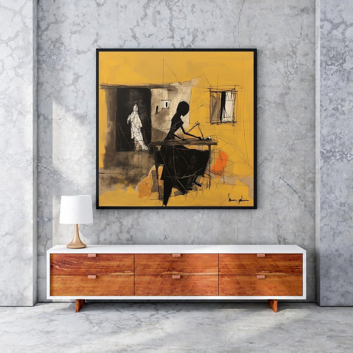 Wadi Home abstract artwork with yellow background, featuring charcoal and black figures in a contemplative pose. Modern wall art.