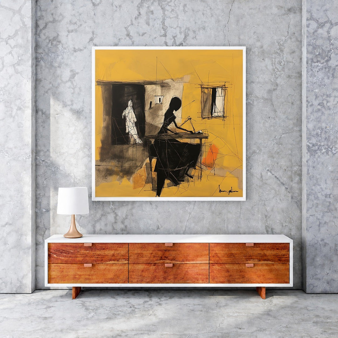 Wadi Home abstract artwork with yellow background, featuring black and white figures in charcoal and black. Modern wall art.