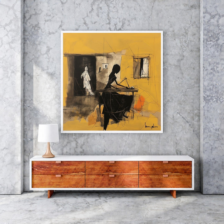 Wadi Home abstract artwork with yellow background, featuring black and white figures in charcoal and black. Modern wall art.