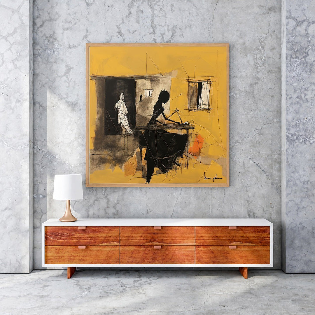 Wadi Home abstract artwork with charcoal figures on yellow background, framed wall art.