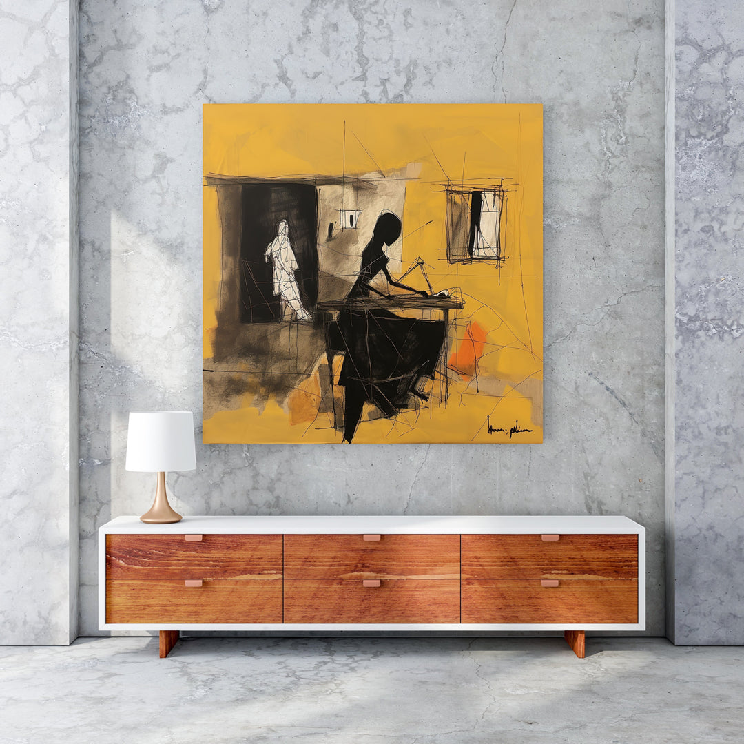 Wadi Home abstract artwork with black figures on yellow background, modern wall art for living space.