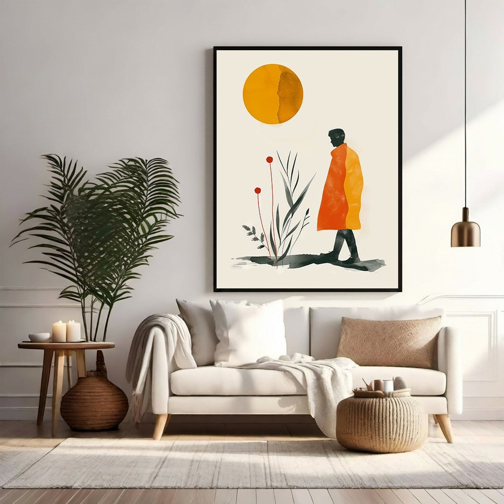 Wadi Home abstract wall art featuring a figure in an orange coat walking under a yellow sun with minimalist plants.