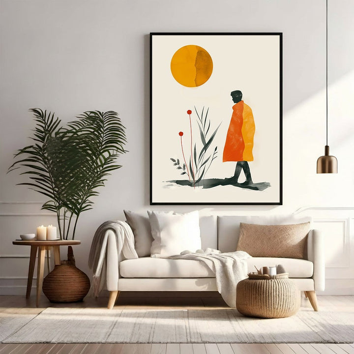 Wadi Home abstract wall art featuring a figure in an orange coat walking under a yellow sun with minimalist plants.