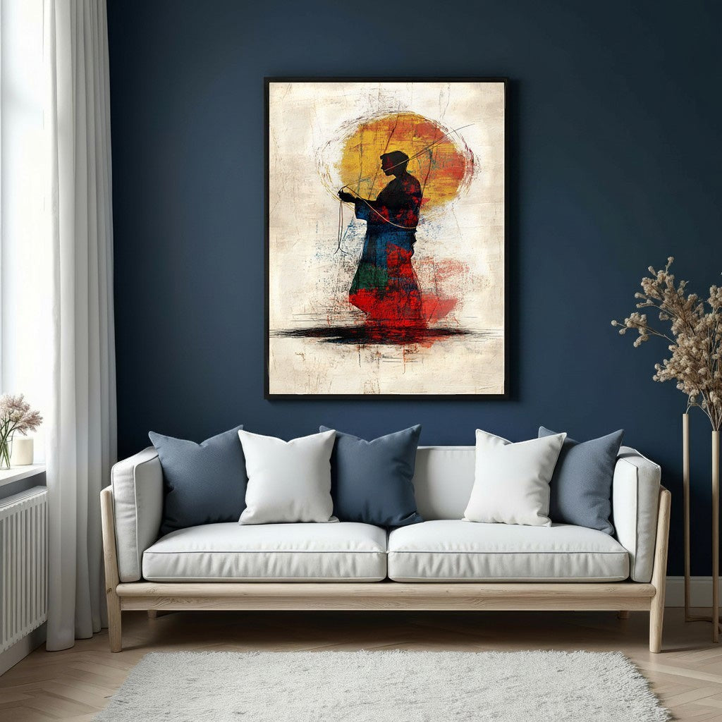 Wadi Home abstract wall art featuring a silhouette figure against a textured red, blue, and yellow sun. Modern canvas art.