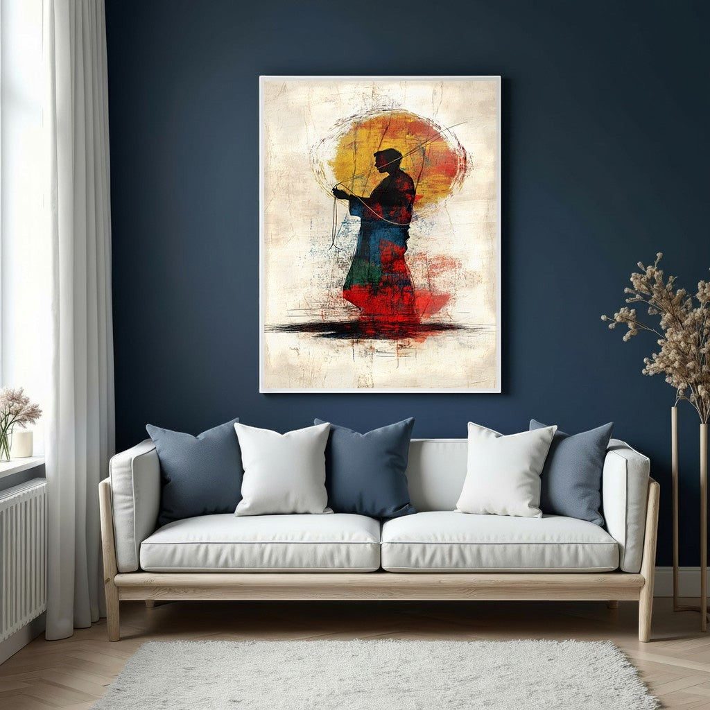 Wadi Home abstract wall art featuring a silhouette figure against a textured red, blue, and yellow sun. Modern canvas art.