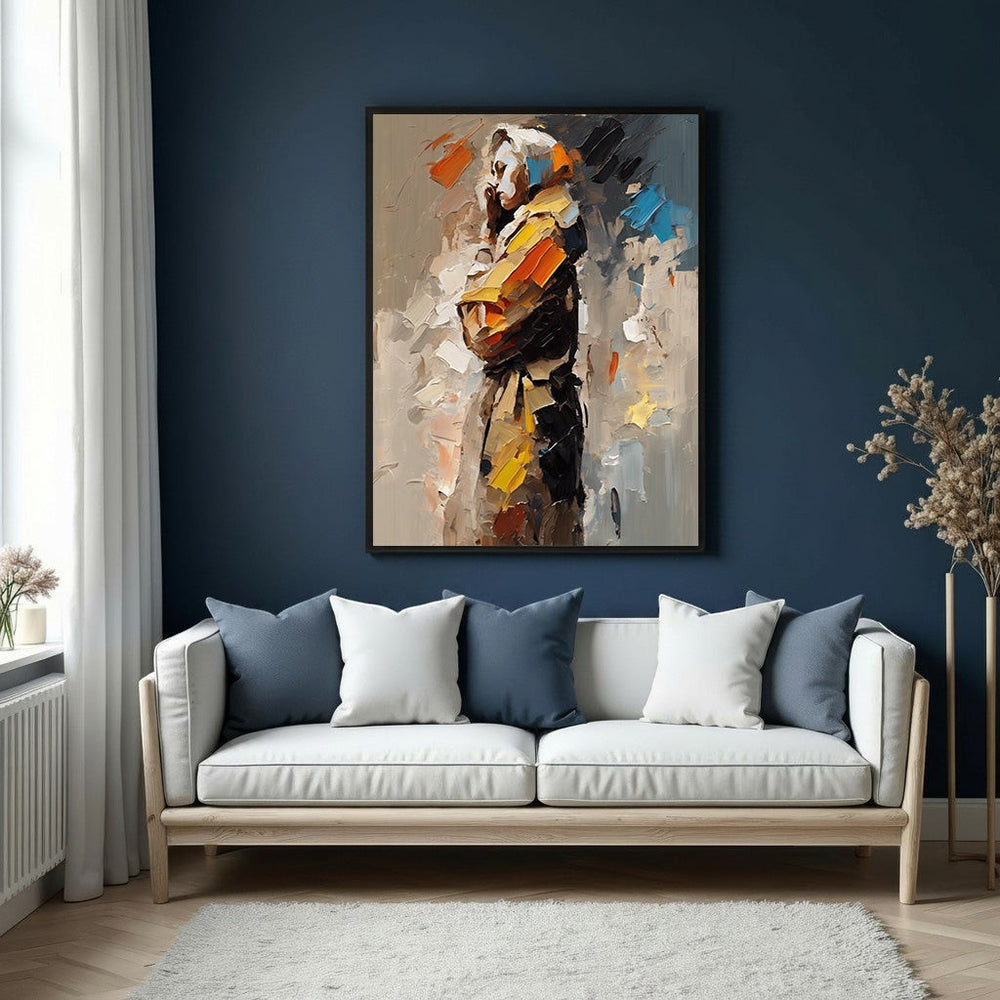 Wadi Home abstract figure in thought canvas wall art with earthy tones, yellow, and blue palette.