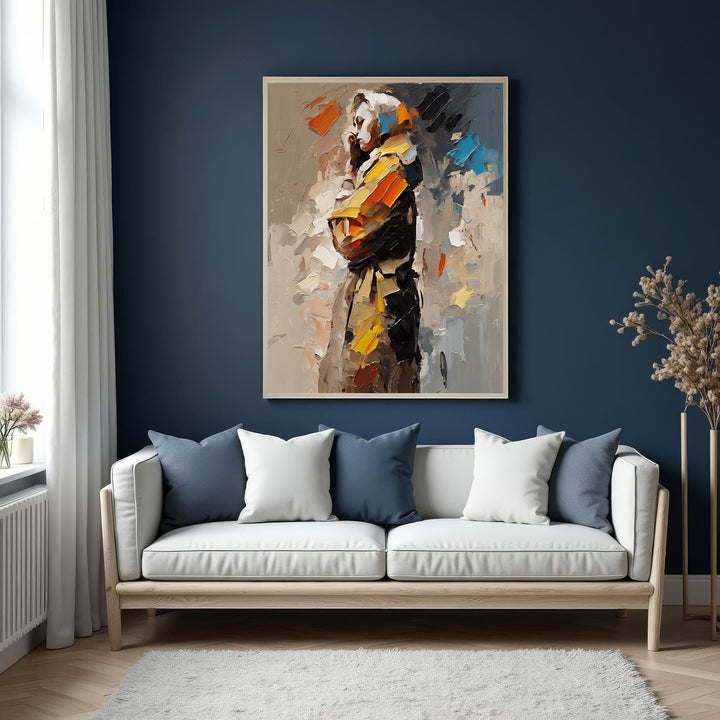 Wadi Home abstract figure in thought canvas wall art with earthy tones, yellow, and blue palette.