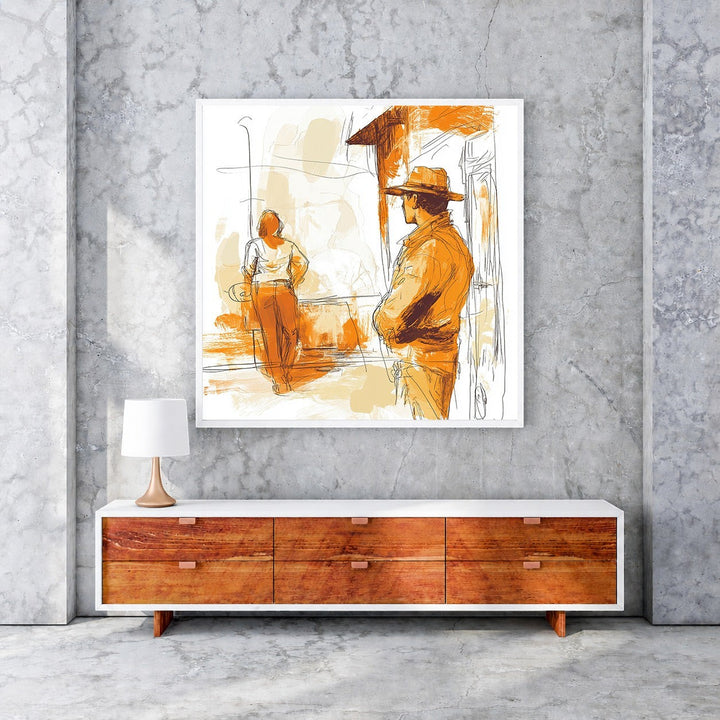 Wadi Home abstract wall art with figures in warm orange and beige tones, sketch-like style.